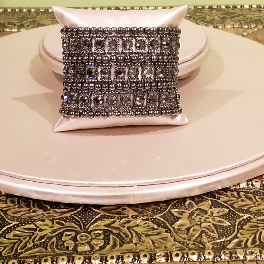 Multi-Layer Black Stretch Crystal Cuff Beaded Bra… - image 1